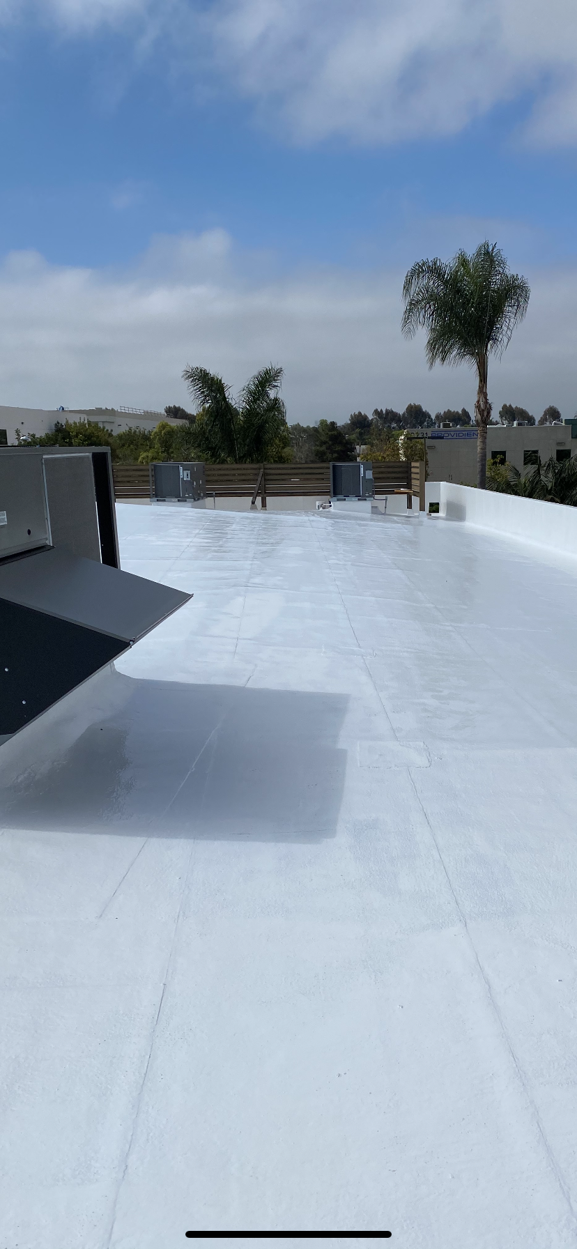 A flat white roof on a building with trees and a blue sky.