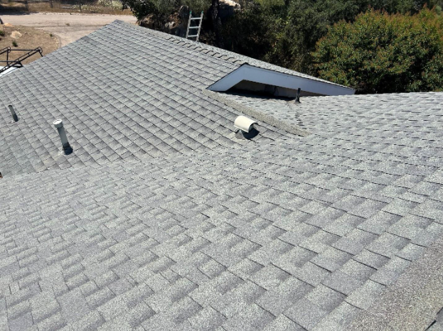 Gray asphalt shingle roof with vent pipes, viewed from above.