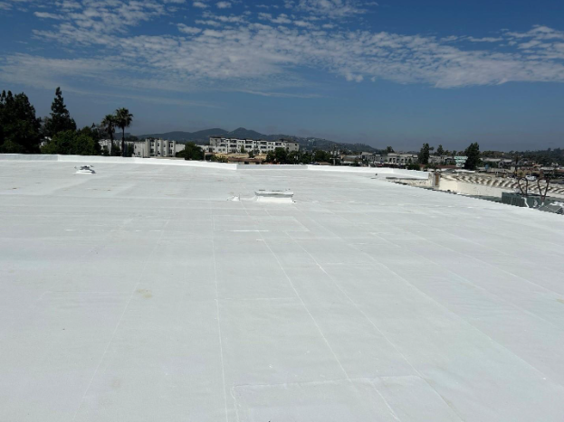 White, flat commercial roof under a blue sky, cityscape in the background.