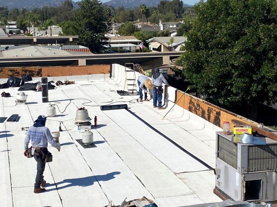 Roofers working on a flat roof, installing white membrane. Sunny day, suburban setting.