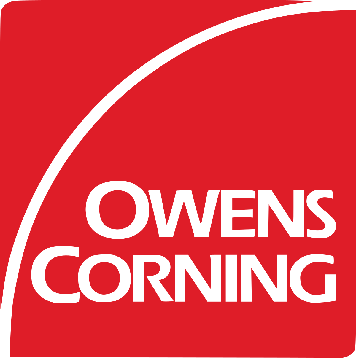 Owens Corning logo: white text on red background with a white curved line.