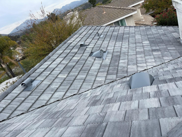Gray asphalt shingle roof with several vents. Sky and trees in the background.