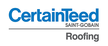 A blue and white logo for certainteed saint gobain roofing