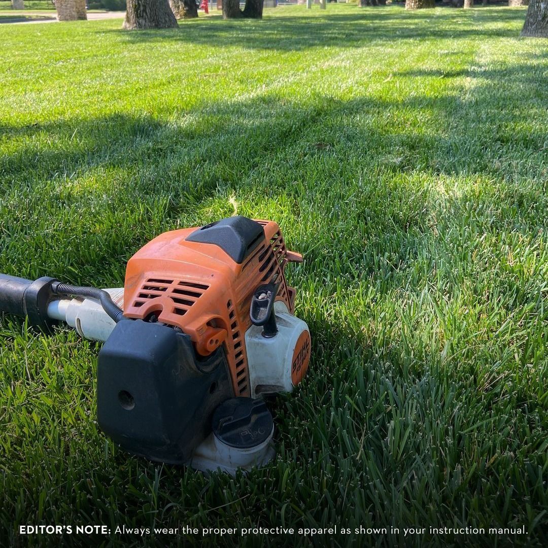 A gas-powered weed trimmer rests on a grassy lawn with trees in the background, bathed in sunlight.