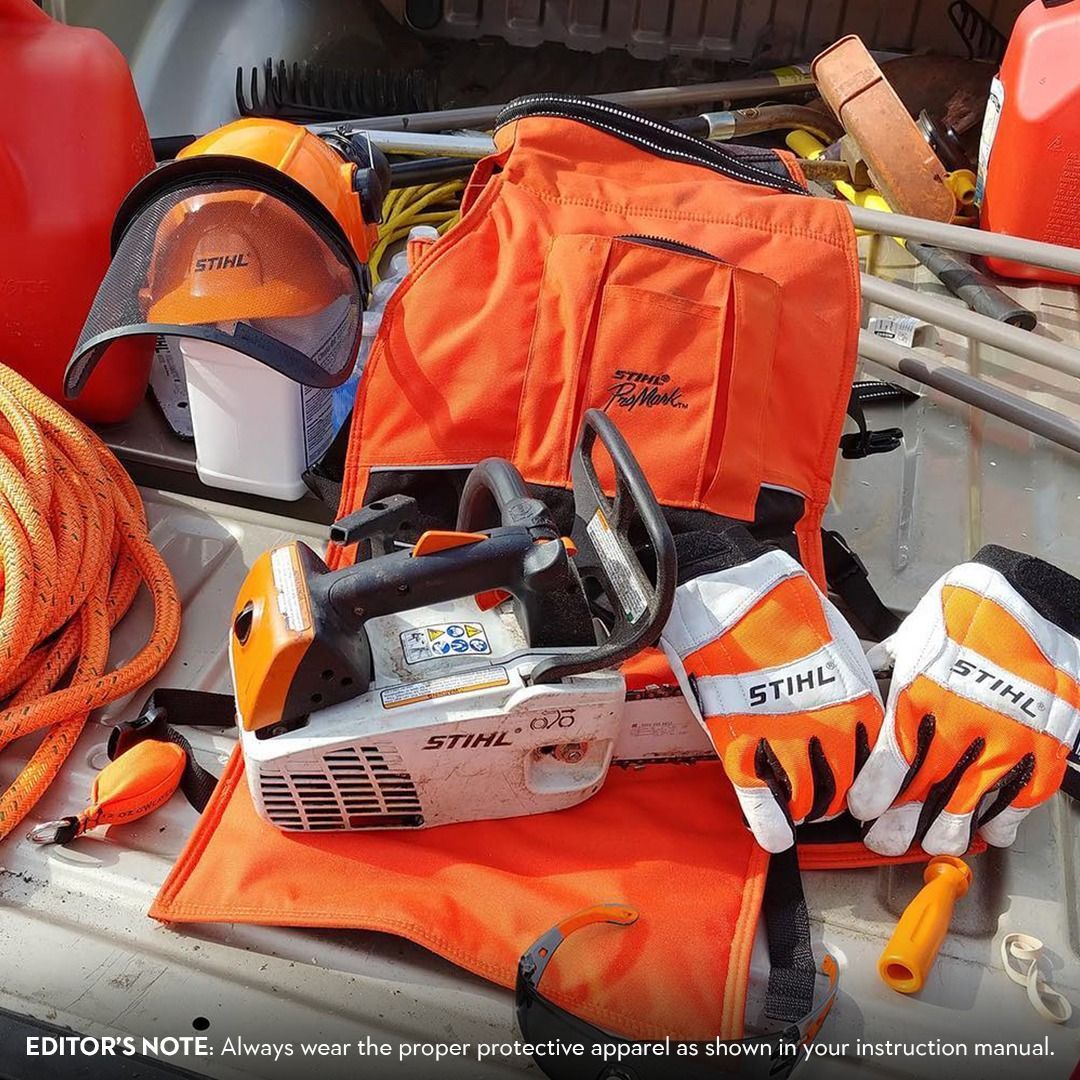 Chainsaw and safety gear in a vehicle: helmet, gloves, orange safety vest, gas can, rope.