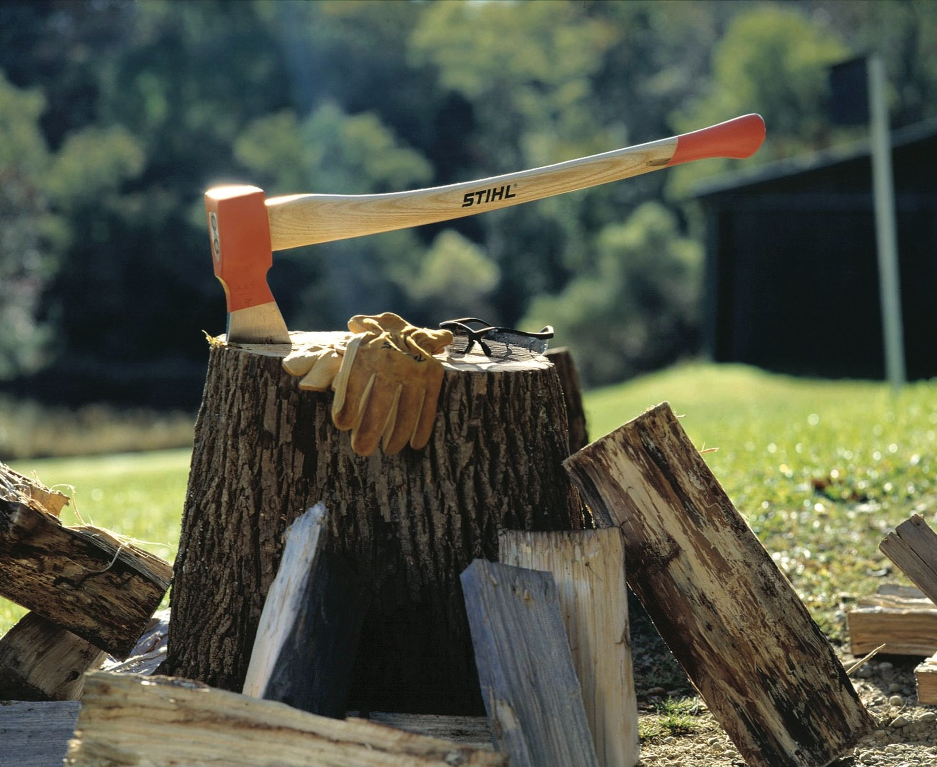 Axe on a tree stump with gloves and logs; outdoor setting.