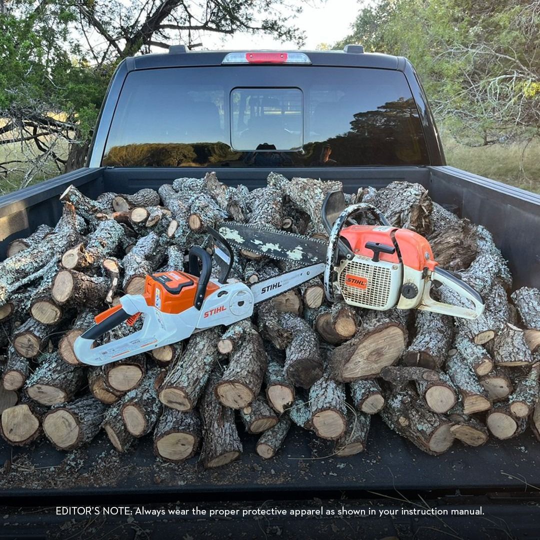 Black pickup truck bed filled with cut logs and two chainsaws.