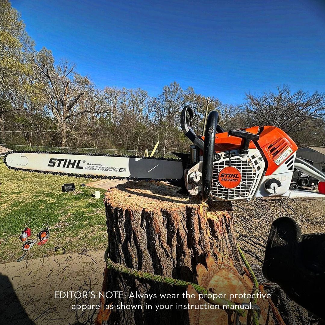 A Stihl chainsaw on a tree stump with the text, 