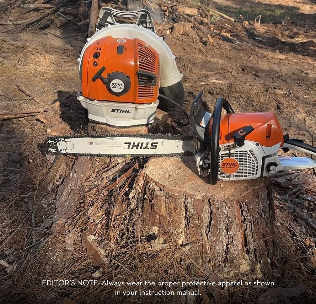 Stihl chainsaw and leaf blower on a tree stump in a wooded area.