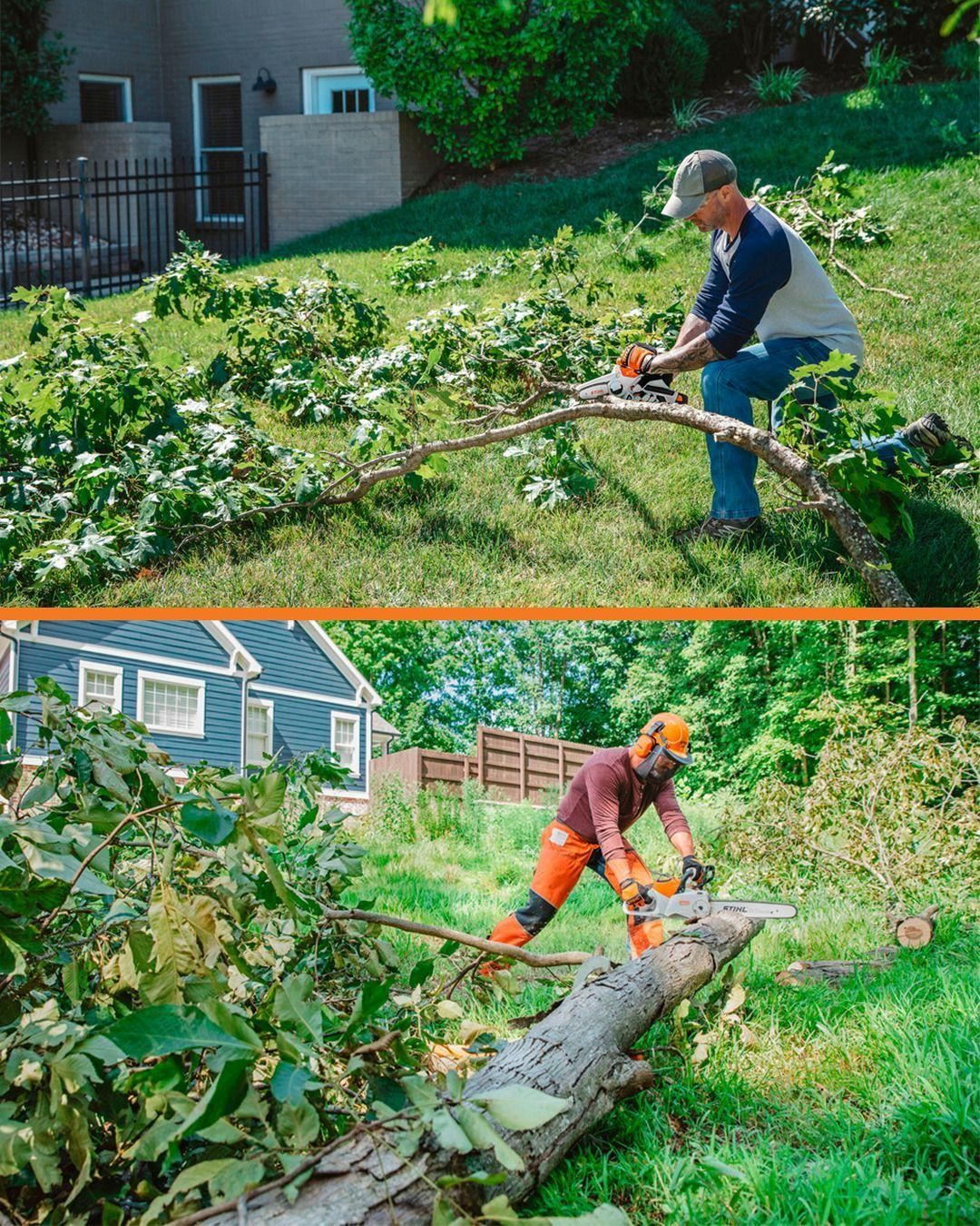 Man using a chainsaw to cut a tree branch in a yard. Another person cuts a fallen tree trunk.