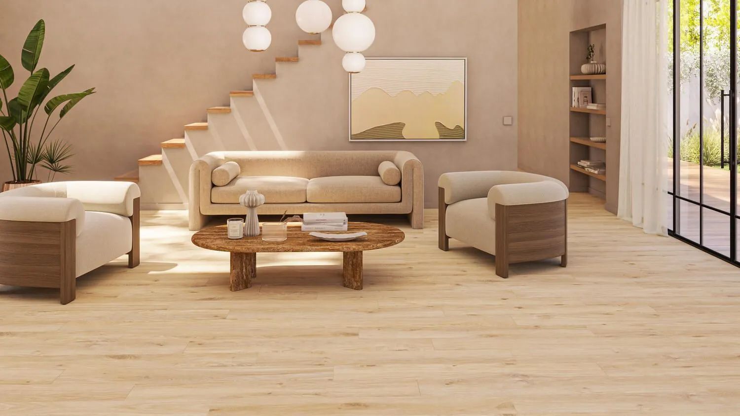 A living room with a couch , chairs , coffee table and stairs.