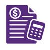 Purple icon: document with dollar sign and calculator, representing finance or budgeting.