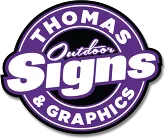 Thomas Outdoor Signs & Graphics logo in white text on a purple circular background with a black shadow.
