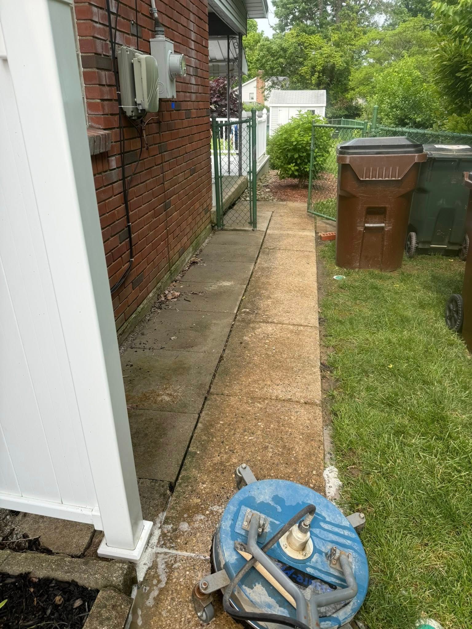 Narrow concrete path beside a brick house, with trash bins and a blue hose reel in the foreground.