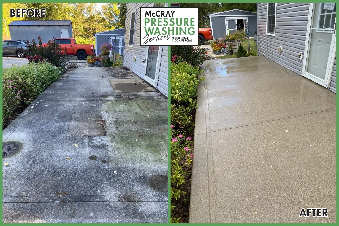 Before-and-after of a pressure-washed concrete walkway, showing a cleaned, brighter surface.