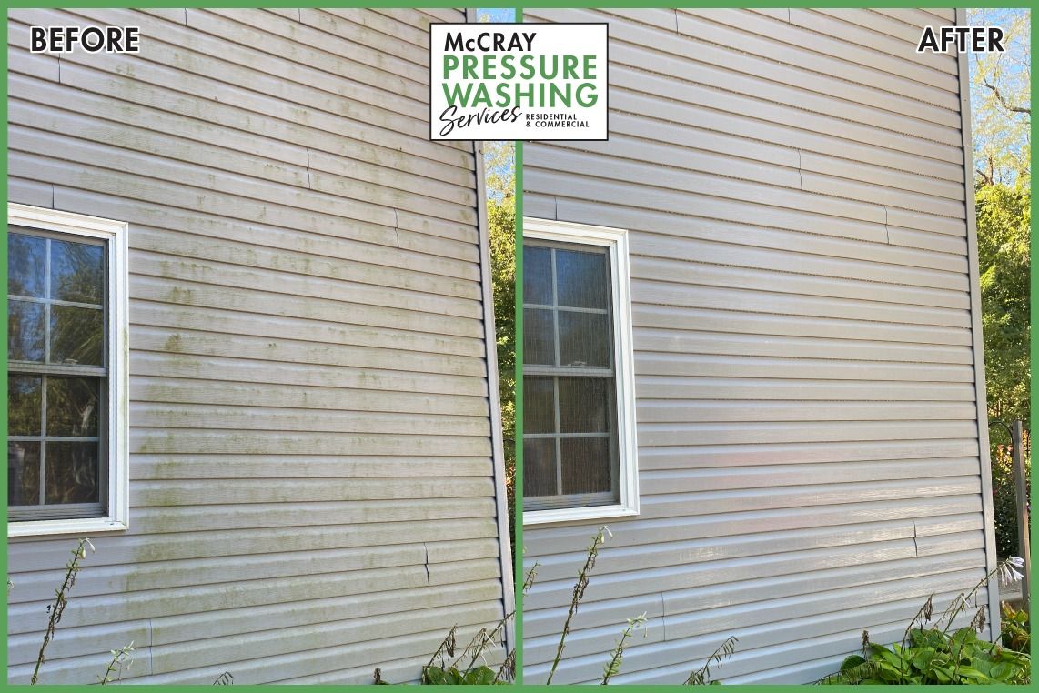 Before-and-after view of a house exterior, showing siding cleaned by pressure washing.