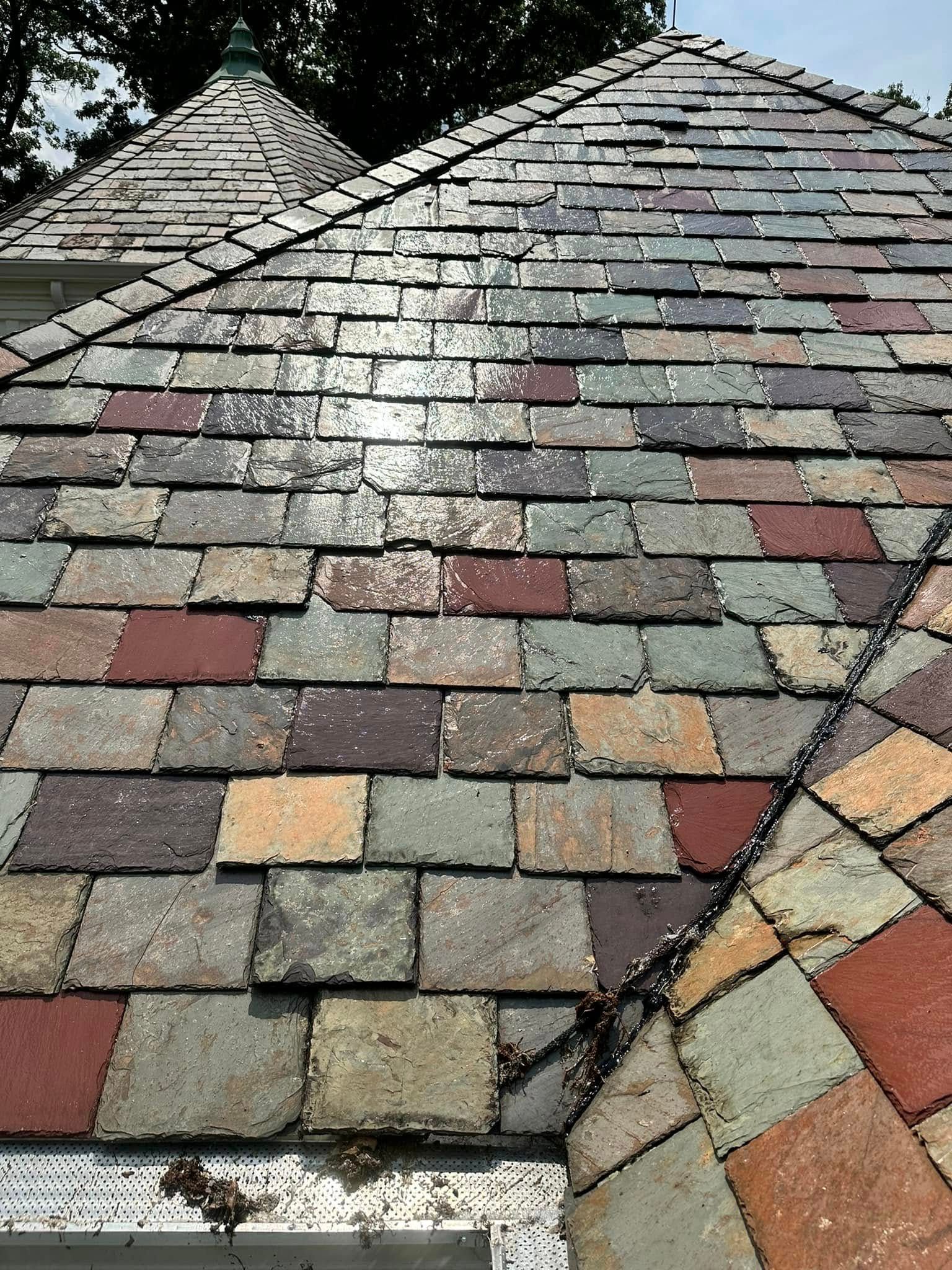 Colorful slate roof tiles with a white streak of moss or residue down the center