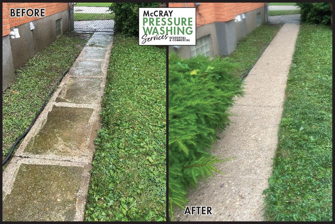 Before-and-after of a pressure-washed walkway, from dirty concrete to clean light-gray path.