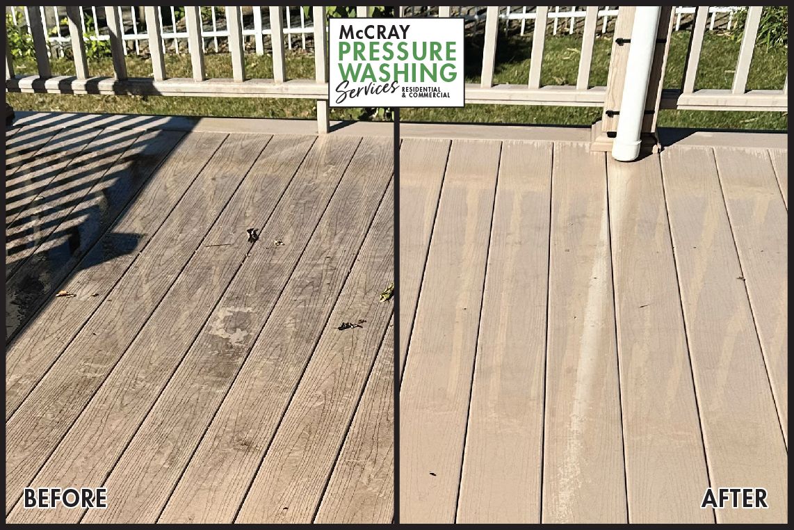 Before-and-after wooden deck cleaning, showing dark dirty boards beside lighter cleaned boards.