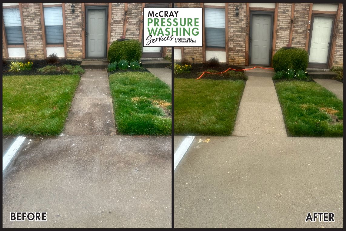 Before-and-after of a cleaned concrete walkway and brick townhouse entrance with greener grass.