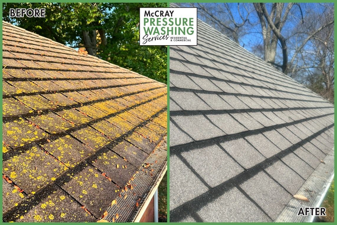 Before-and-after roof cleaning: mossy brown shingles on the left, clean gray shingles on the right.