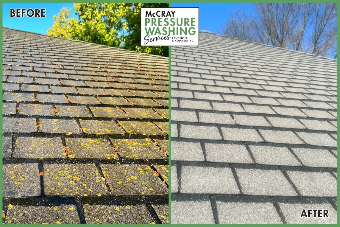 Before-and-after roof cleaning: mossy shingles on left, bright cleaned roof on right.