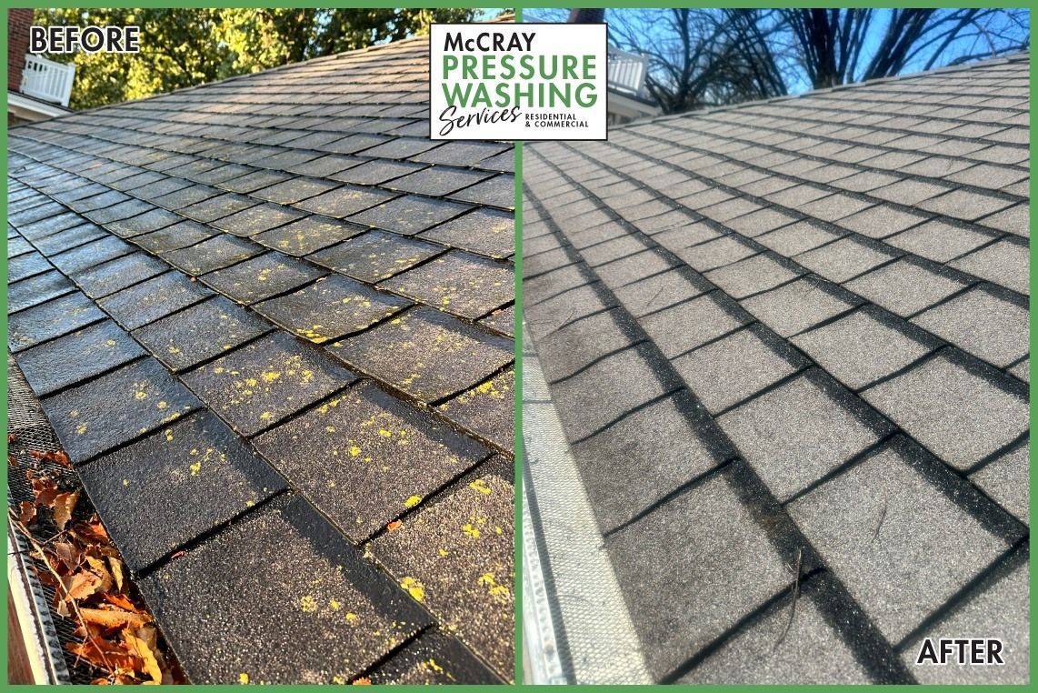 Roof shingles before-and-after pressure washing, showing a dirty roof cleaned to gray