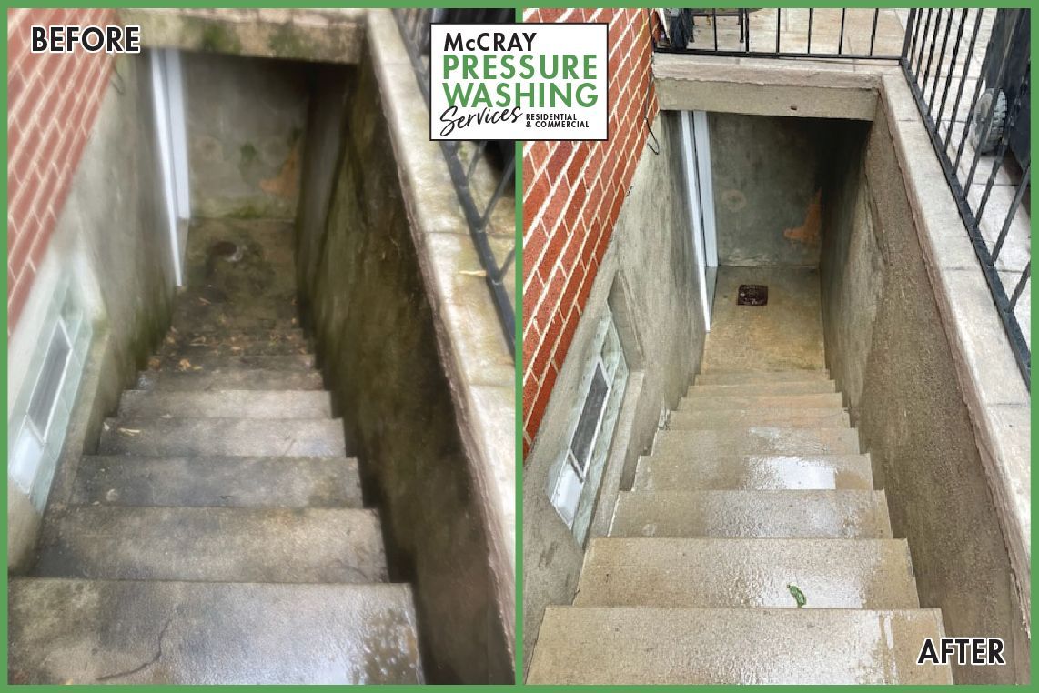 Before-and-after stairwell pressure washing, showing cleaned concrete steps and walls.