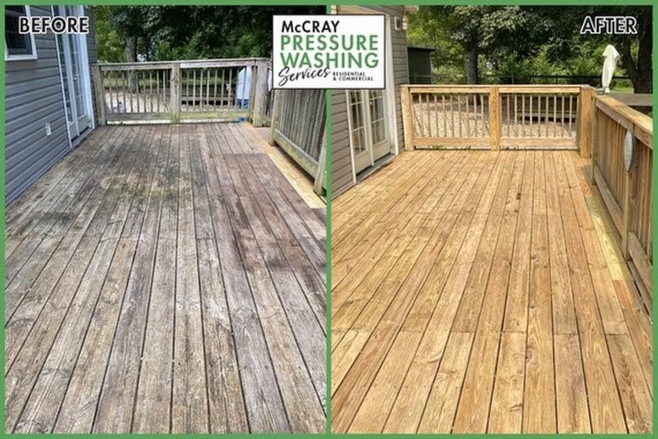 Before-and-after split image of a wooden deck, gray and weathered on the left, clean and bright after pressure washing on the right