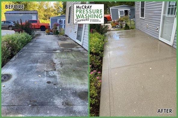 Before-and-after of a pressure-washed driveway, showing a dirty walkway cleaned to a bright finish.