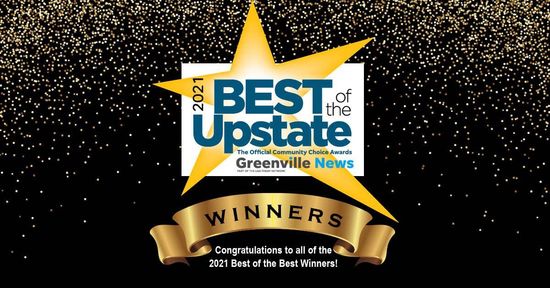 Best of Upstate 2024 winners badge with gold star and ribbon on a black speckled background