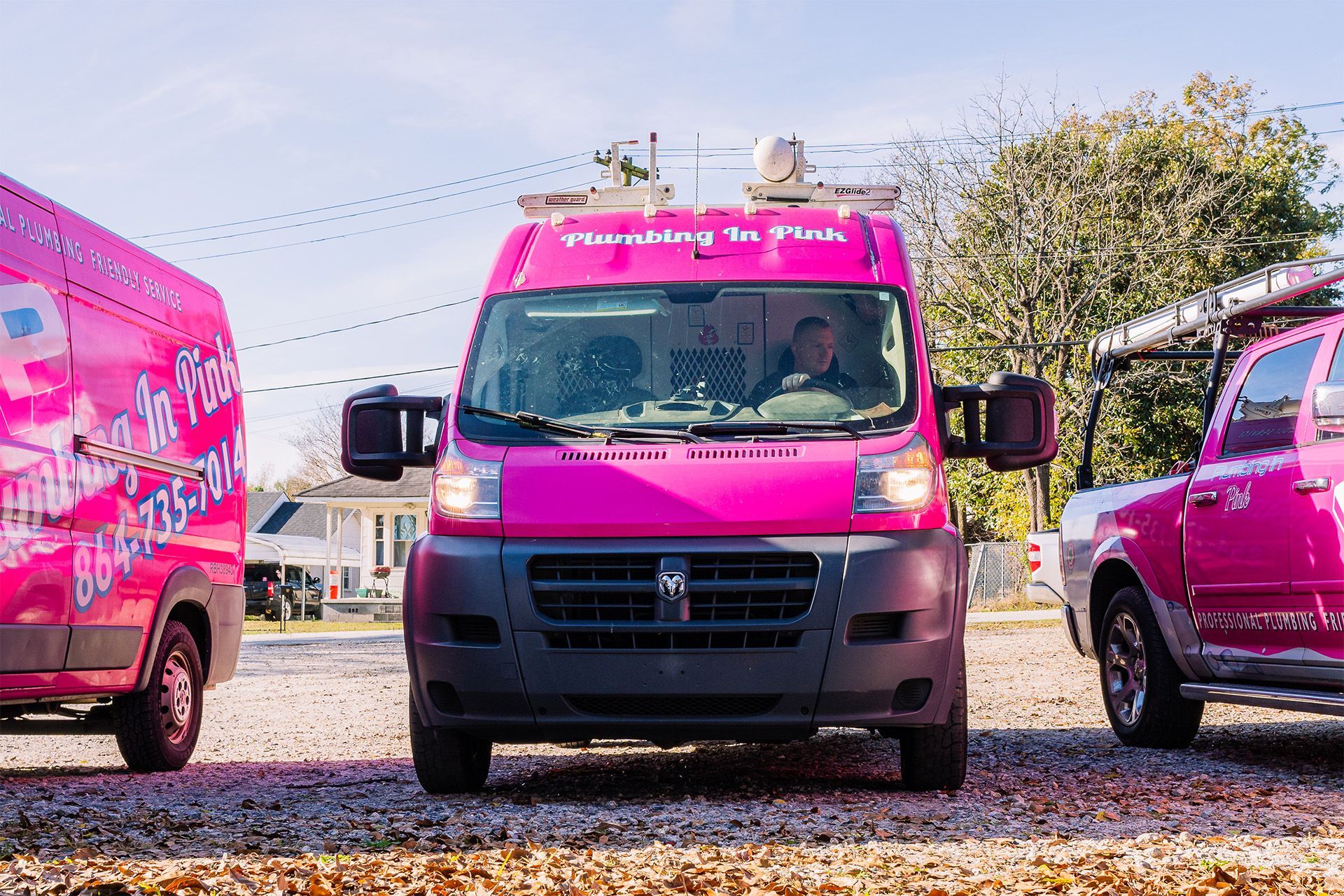 Bright pink vans parked on gravel under a clear sky, front view centered on one van