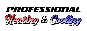 Logo for "Professional Heating & Cooling PLC". Text in black, red/blue gradient with white outline.