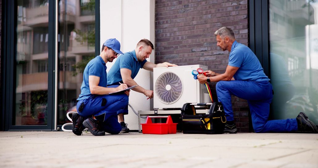 Three HVAC technicians installing an outdoor unit near a building entrance; tools are present.