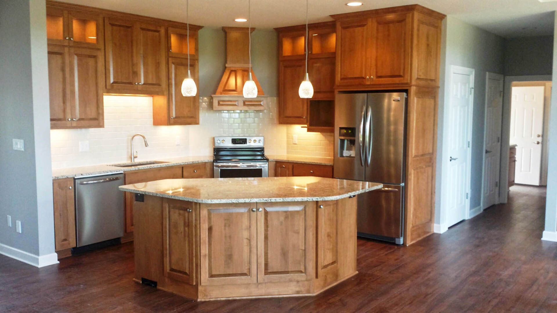 New Luxury modern fitted wooden kitchen with stainless steel appliances