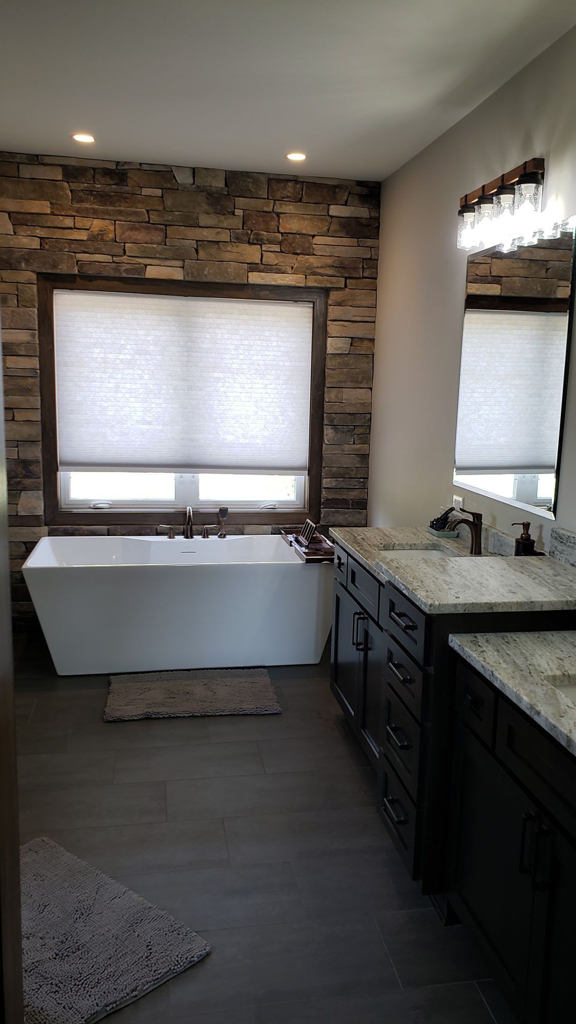 Bathroom interior with marble tile trim