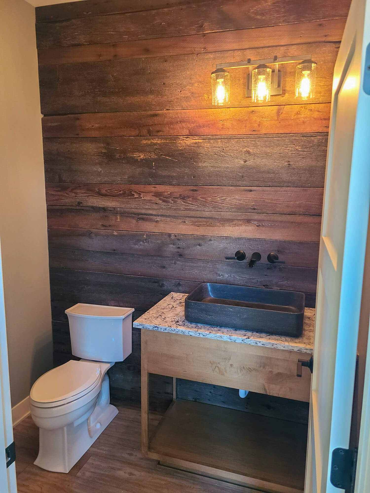 Bathroom interior with marble tile trim