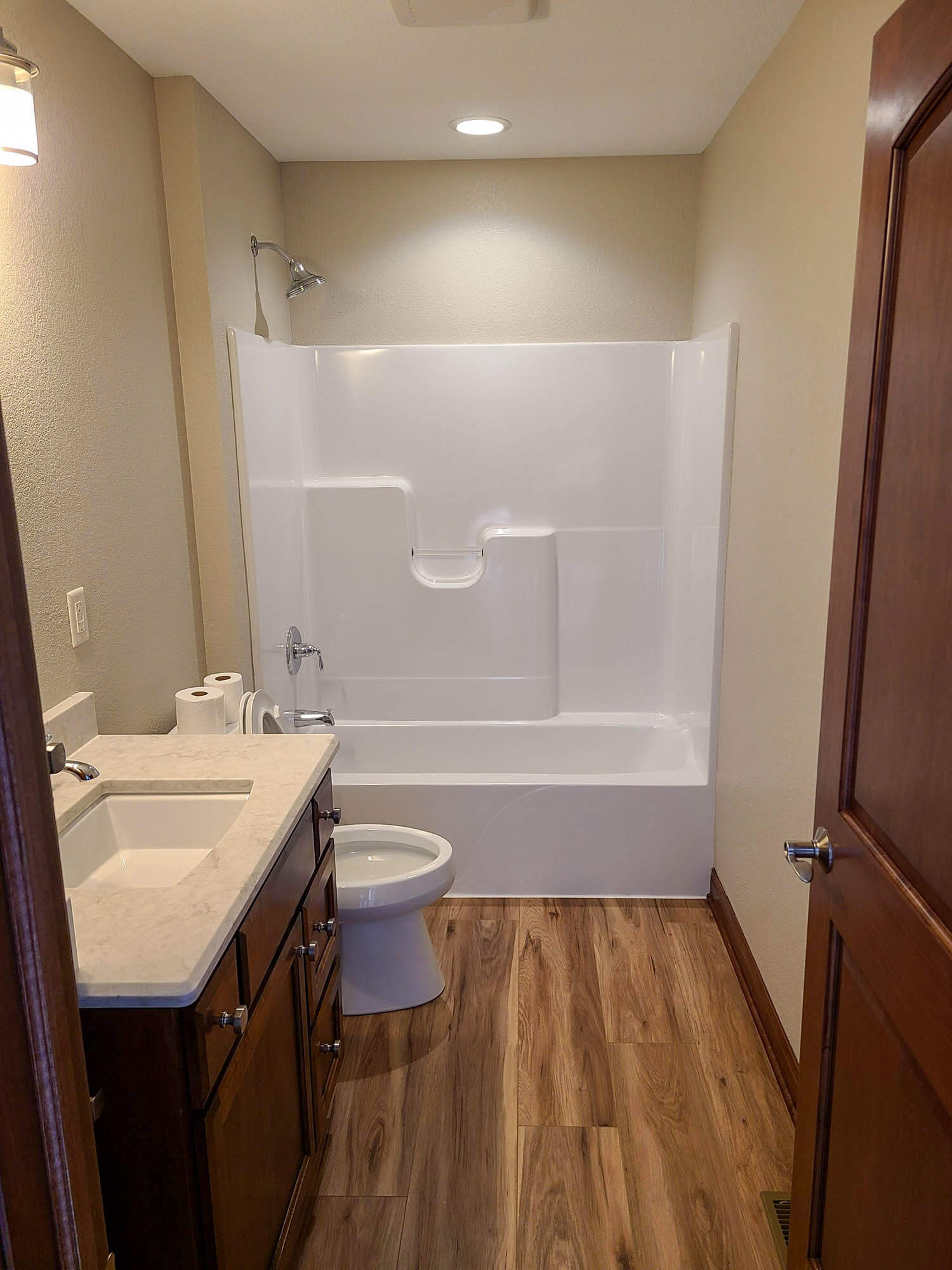 Bathroom interior with marble tile trim