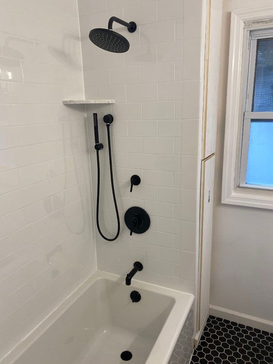 a bathroom with a bathtub