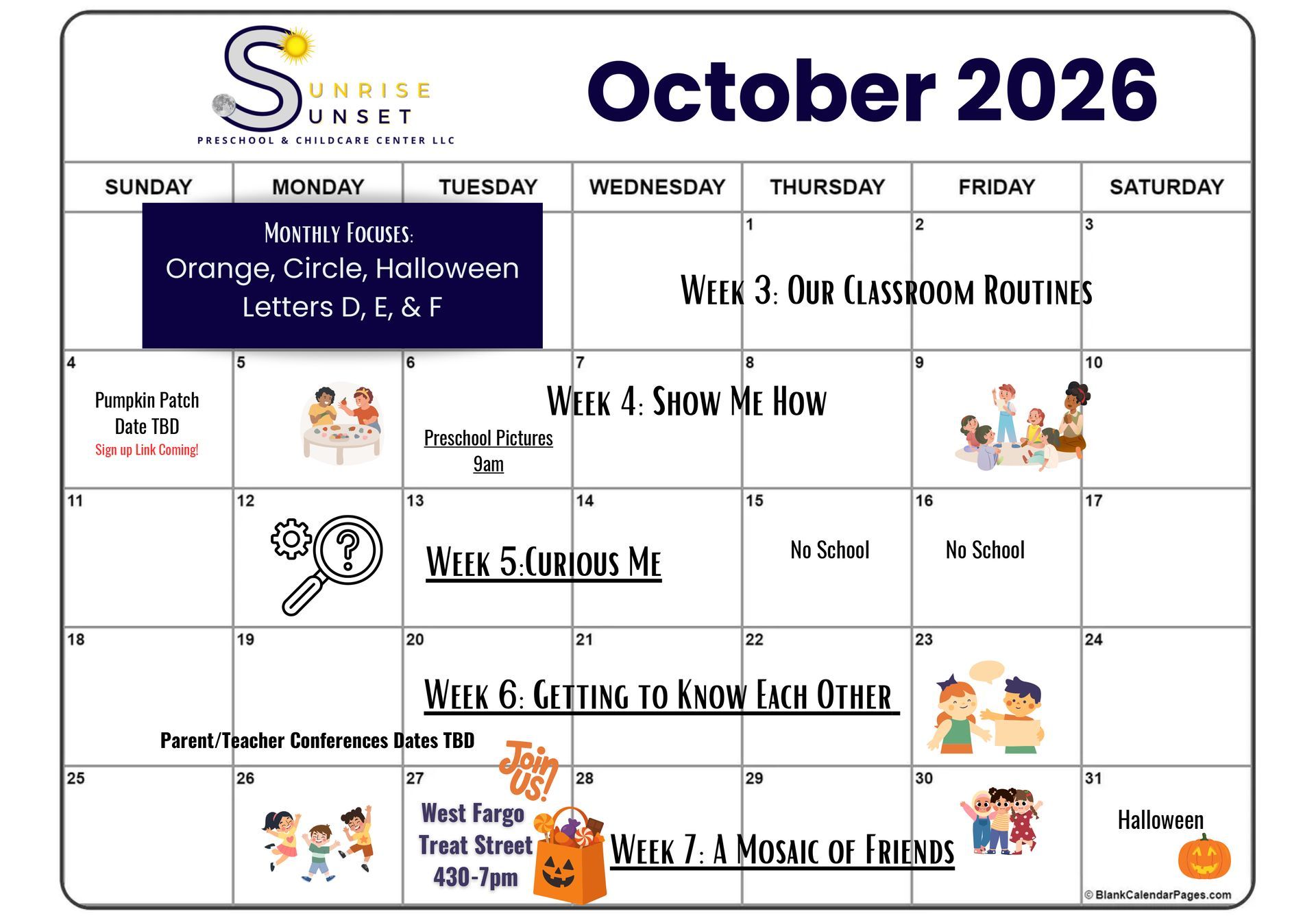 October 2026 weekly school calendar with class events, activities, and dates in a grid layout