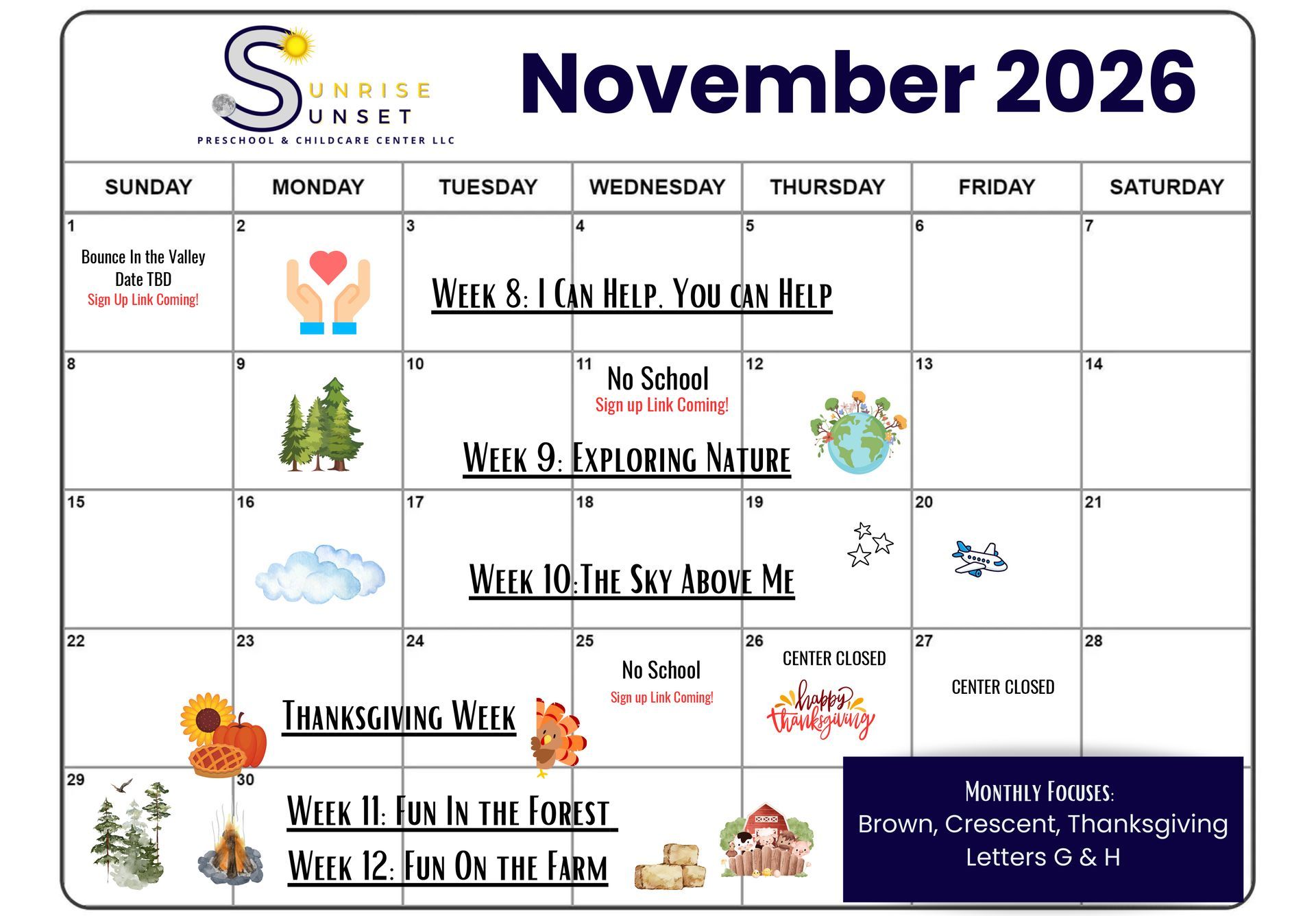 November 2026 school calendar with weekly themes, icons, and holiday breaks