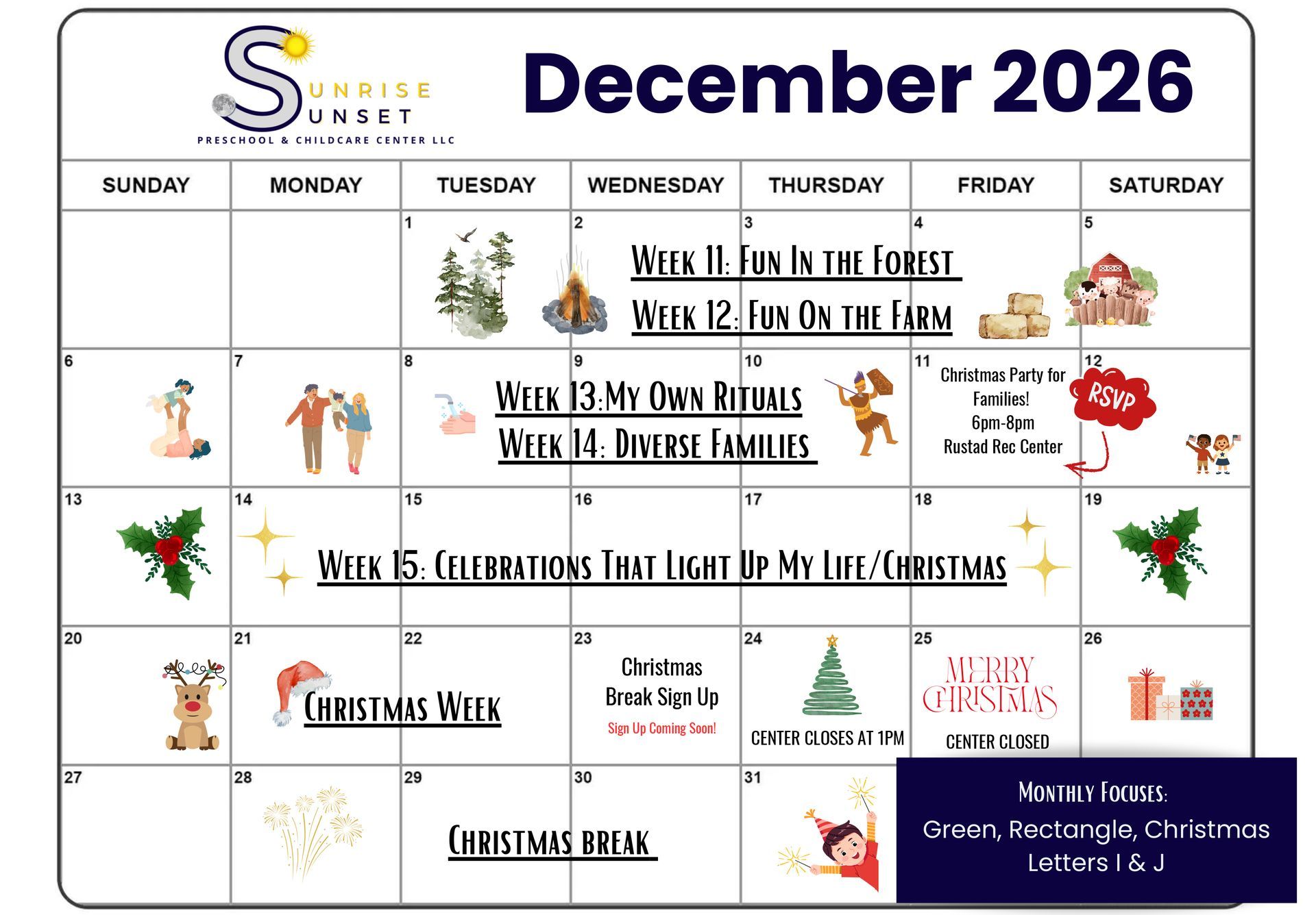 December 2026 monthly calendar with holiday-themed decorations and event notes