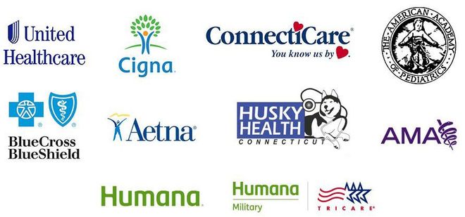 United Healthcare, Cigna, ConnectiCare, The American Academy of Pediatrics, BlueCross BlueShield, Aetna, HuskyHealth Connecticut, AMA, Humana, and Humana Military | Tricare logos