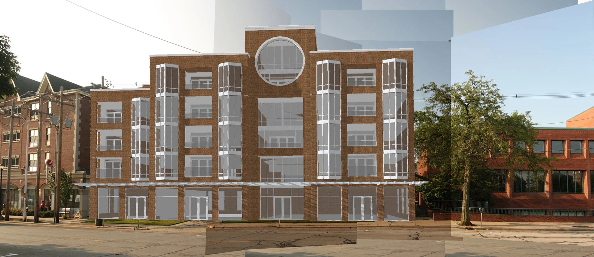 Render of a modern brick apartment building with white balconies and large windows along a street.