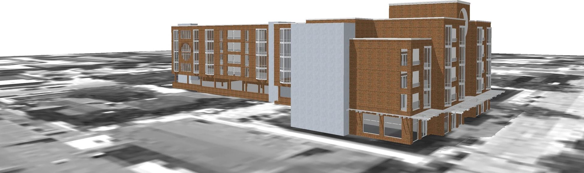 3D rendering of a modern brown-and-white apartment complex in a snowy or gray landscape