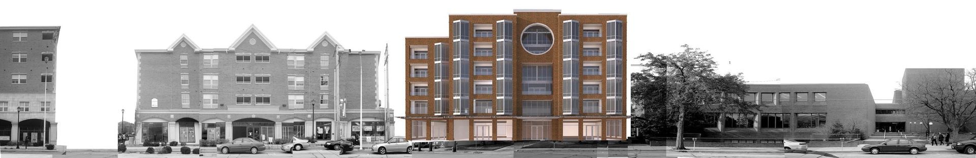 Panoramic street view of several buildings, including a central brick apartment block with bare trees and parked cars