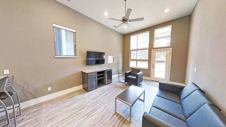 Bright modern living room with gray sofa, TV, coffee table, ceiling fan, and large windows.