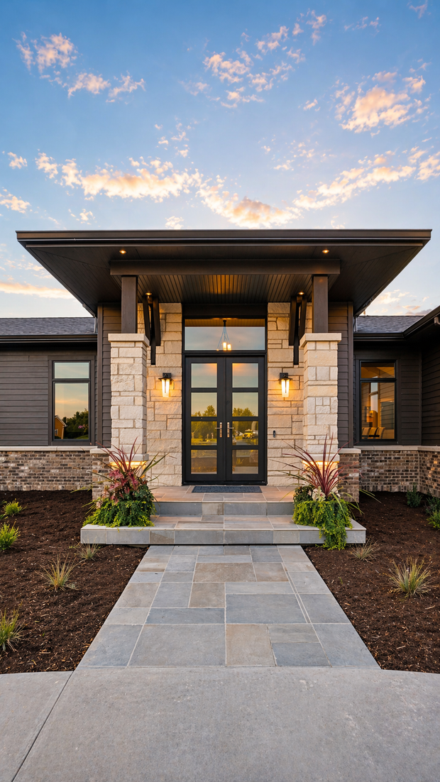 Modern stone house entrance with a centered front door, walkway, and landscaped flower beds at sunset