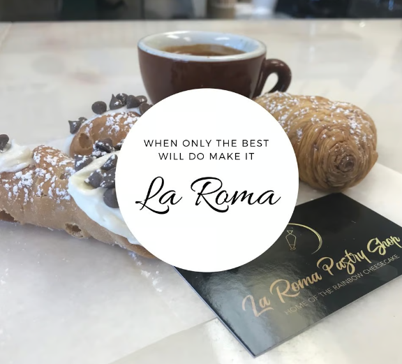 A sign that says la roma pastry shop on it