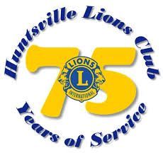 Huntsville Lions Club 75th anniversary logo with blue text, yellow 75, and Lions International emblem